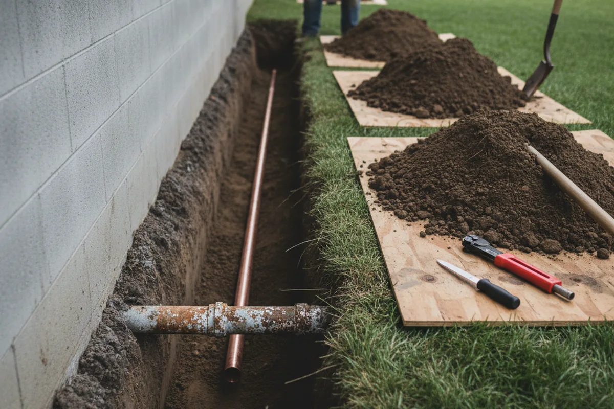 Excavated water line trench during Sewer Line Repair in Valleyford